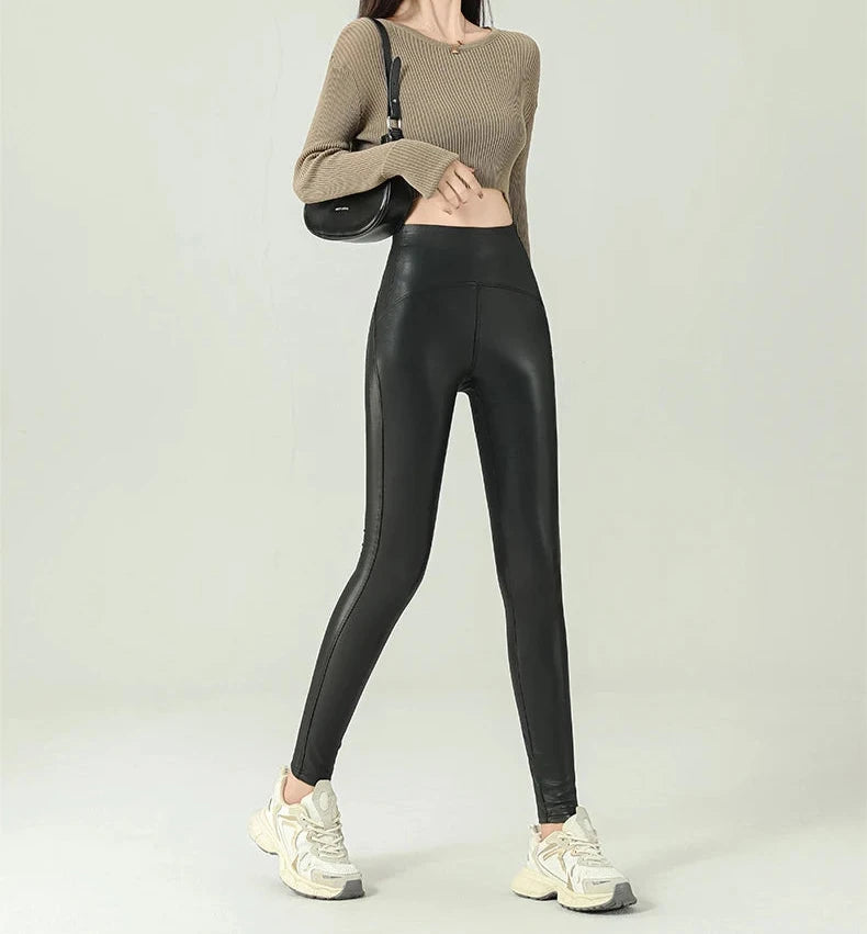 High-Waist Fleece PU Leather Leggings - Warm & Sexy Autumn/Winter