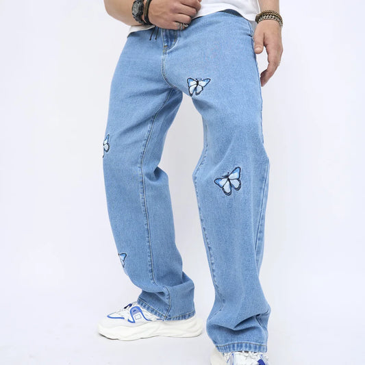 Butterfly Embroidery Loose Straight Jeans