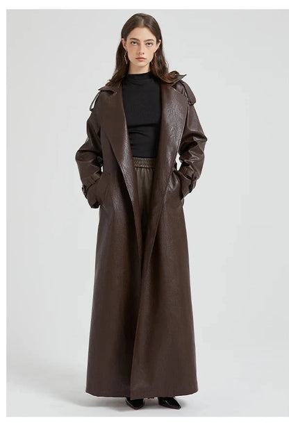 Autumn Extra-Long Brown Faux Leather Trench Coat with Belt