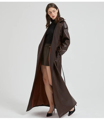 Autumn Extra-Long Brown Faux Leather Trench Coat with Belt