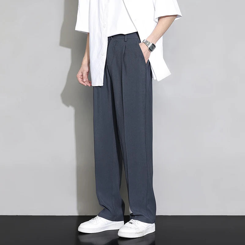 Summer Men's Casual Loose Straight Suit Pants Button Elastic Waist Solid Color Loose Breathable Korea Trousers Minimal Design