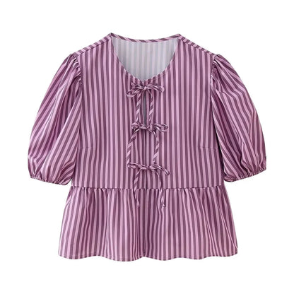 Stripe Bow Blouse: Fashion Puff Sleeve Shirt