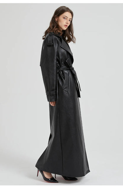 Autumn Extra-Long Brown Faux Leather Trench Coat with Belt