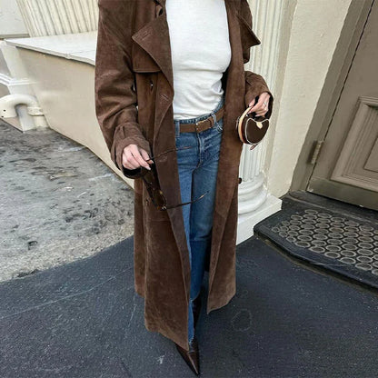 Vintage Brown Faux Leather Overcoat with Belt