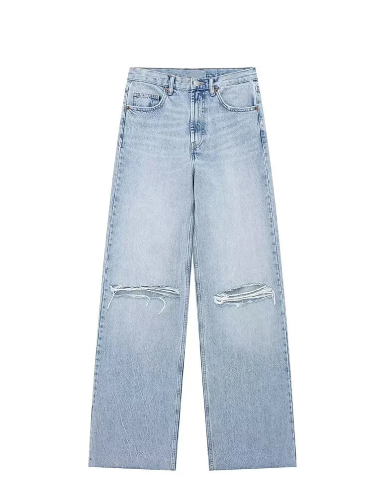 Vintage High Waist Ripped Denim Jeans – Wide Leg Y2K Style for Women