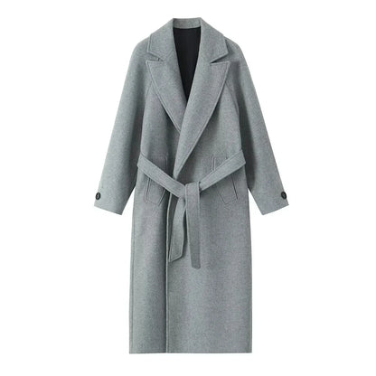 Women's Long Belted Faux Wool Coat - Elegant High Street Winter Jacket