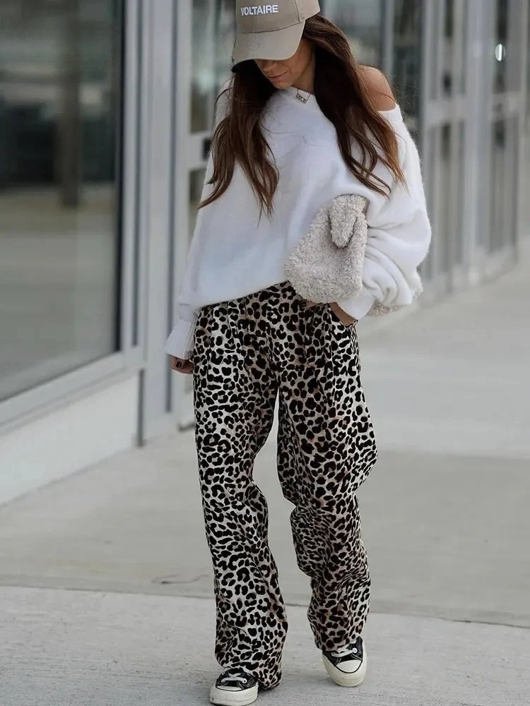 Leopard Print Pant For Women Fashion Vintage High Waist Slim Trousers Female Streetwear Casual Straight Pant