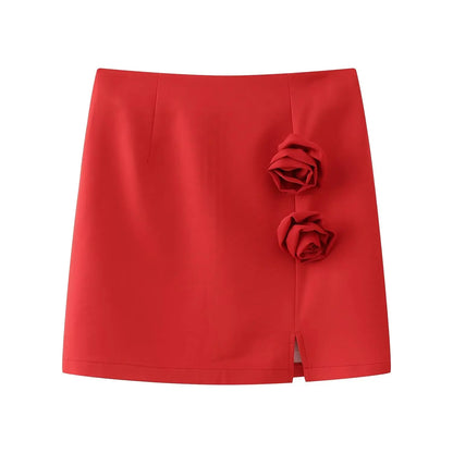 Red Flower High Waist Mini Skirt