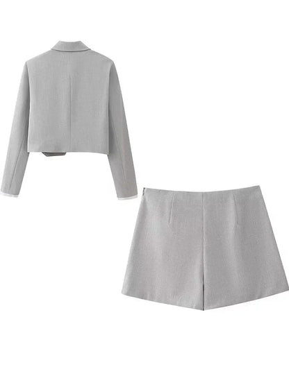 Grey Lapel Neck Shirt & Vintage Zipper Shorts Set