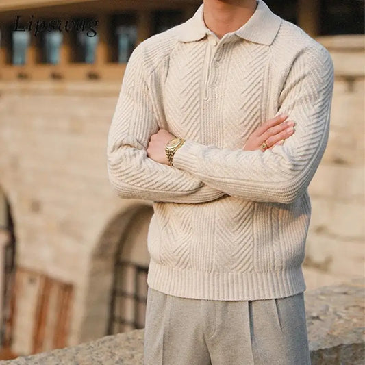 Knitted Polo Shirt with Zipper and Turn-down Collar