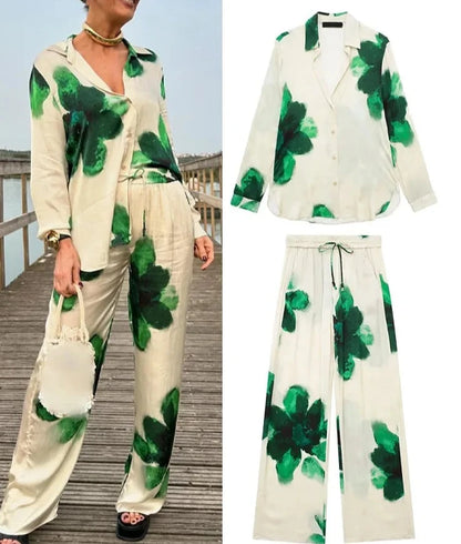 Women’s Print Suit: Turn-Down Collar Shirt & Wide Leg Pants