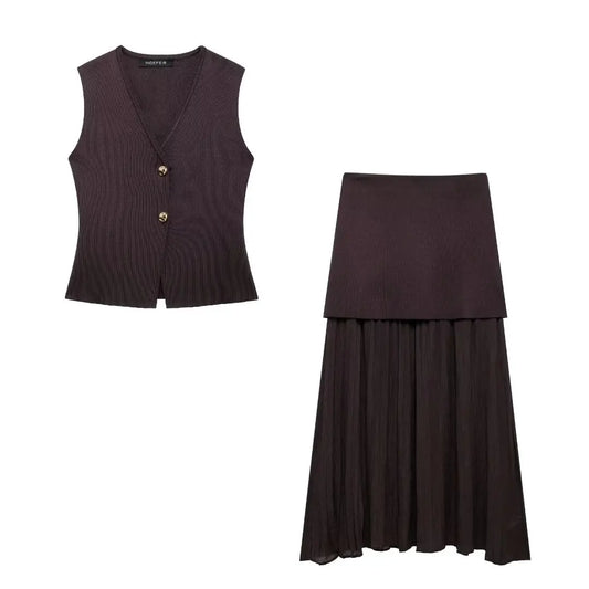 V-Neck Sleeveless Top with Straight Long Spliced Skirt - Vintage Chic Knitted Suit