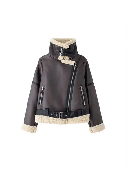 Women's Faux Shearling Jacket with Belt