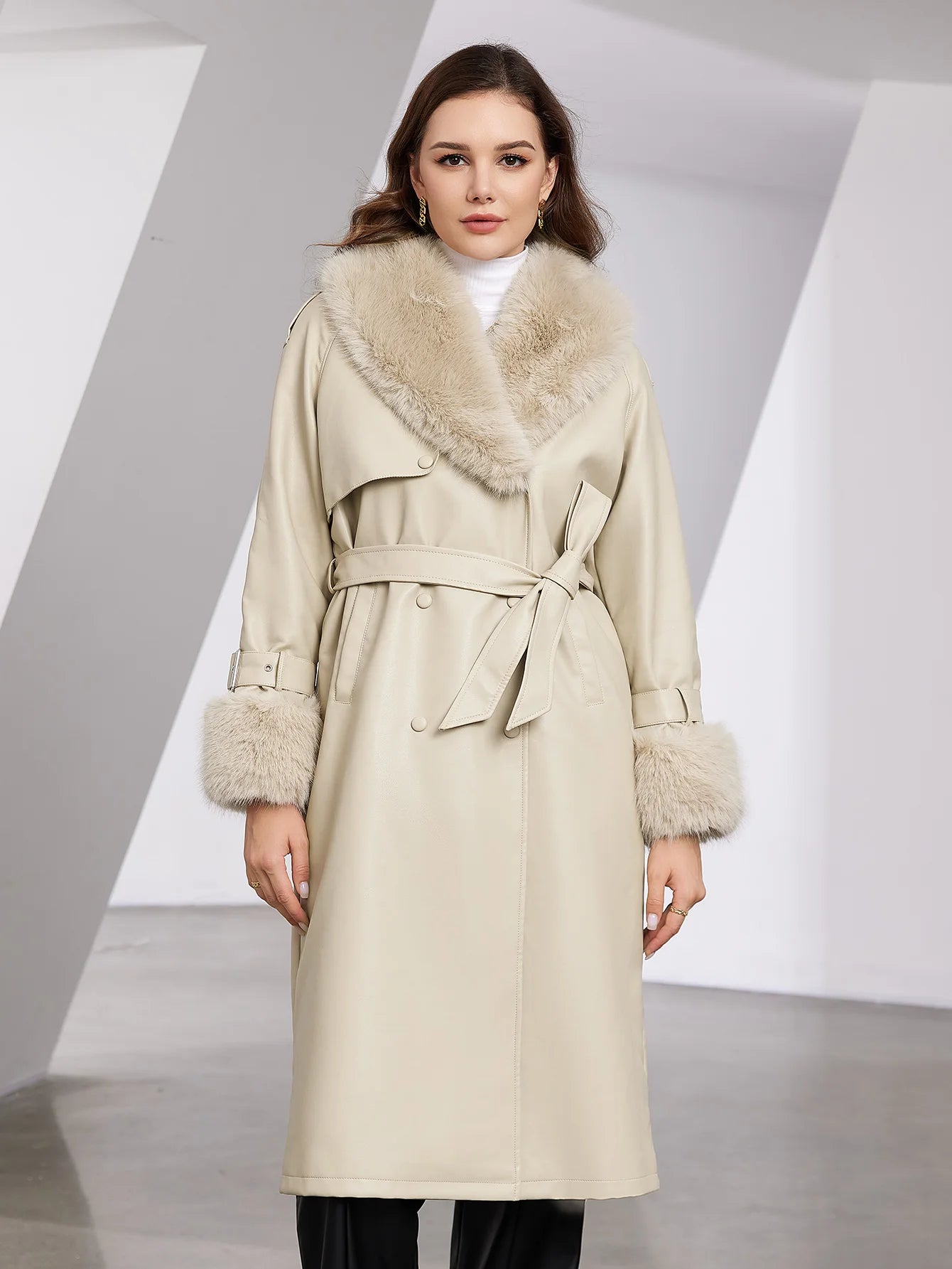 Faux Leather Trench Coat with Fur Collar – Luxurious Winter Style