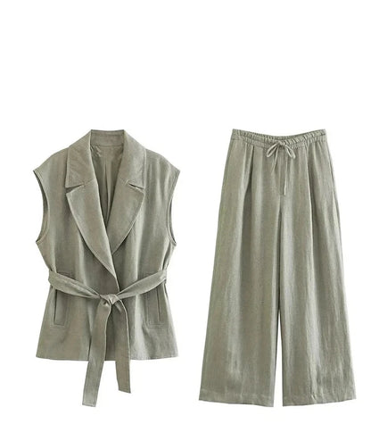 Sleeveless Notched Belt Top & Straight Loose Pants