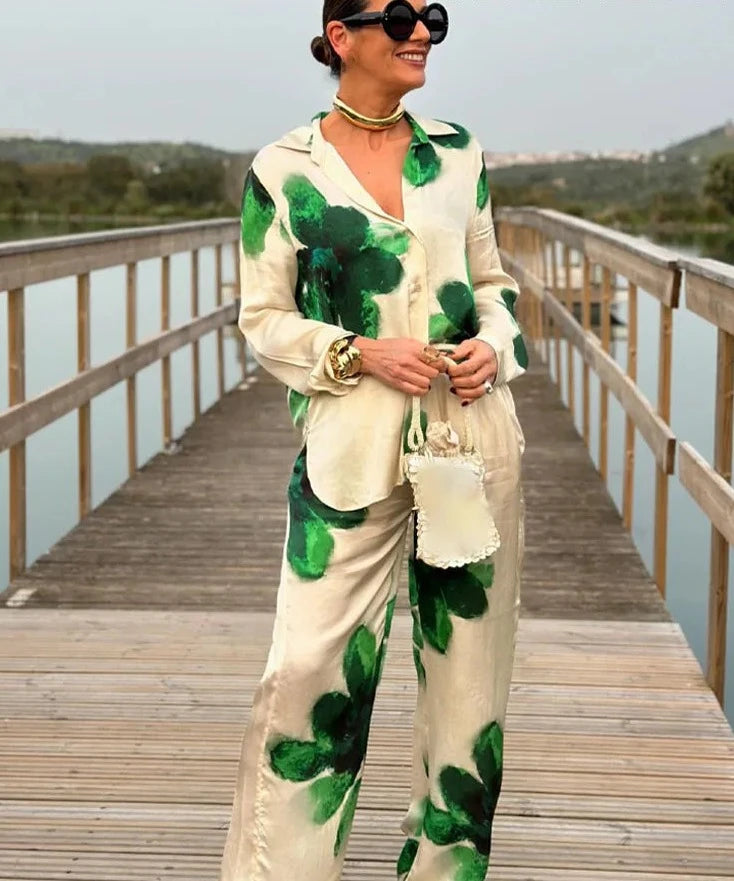 Women’s Print Suit: Turn-Down Collar Shirt & Wide Leg Pants