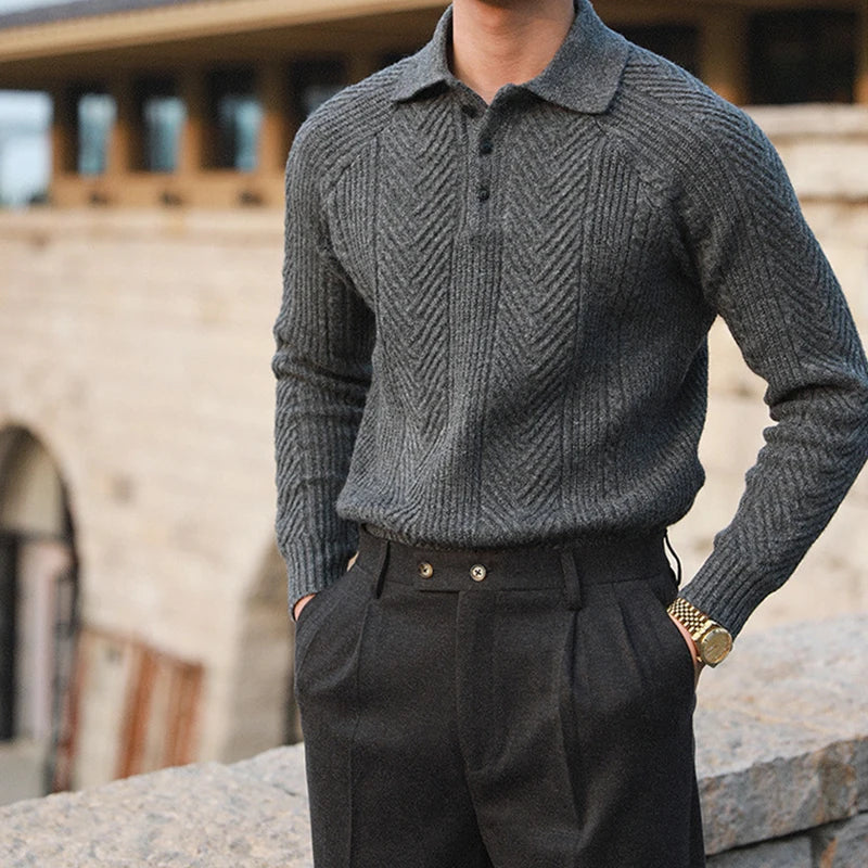 Knitted Polo Shirt with Zipper and Turn-down Collar