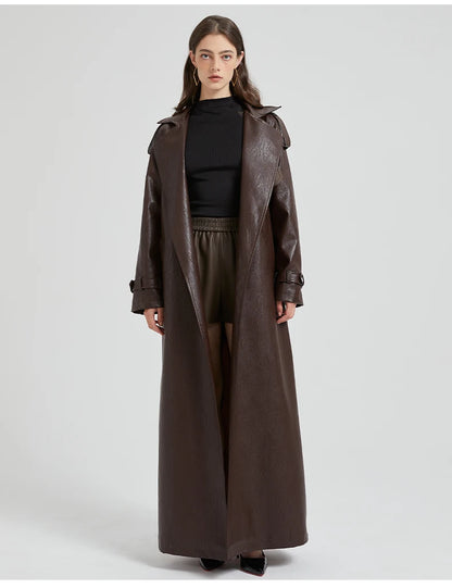 Autumn Extra-Long Brown Faux Leather Trench Coat with Belt