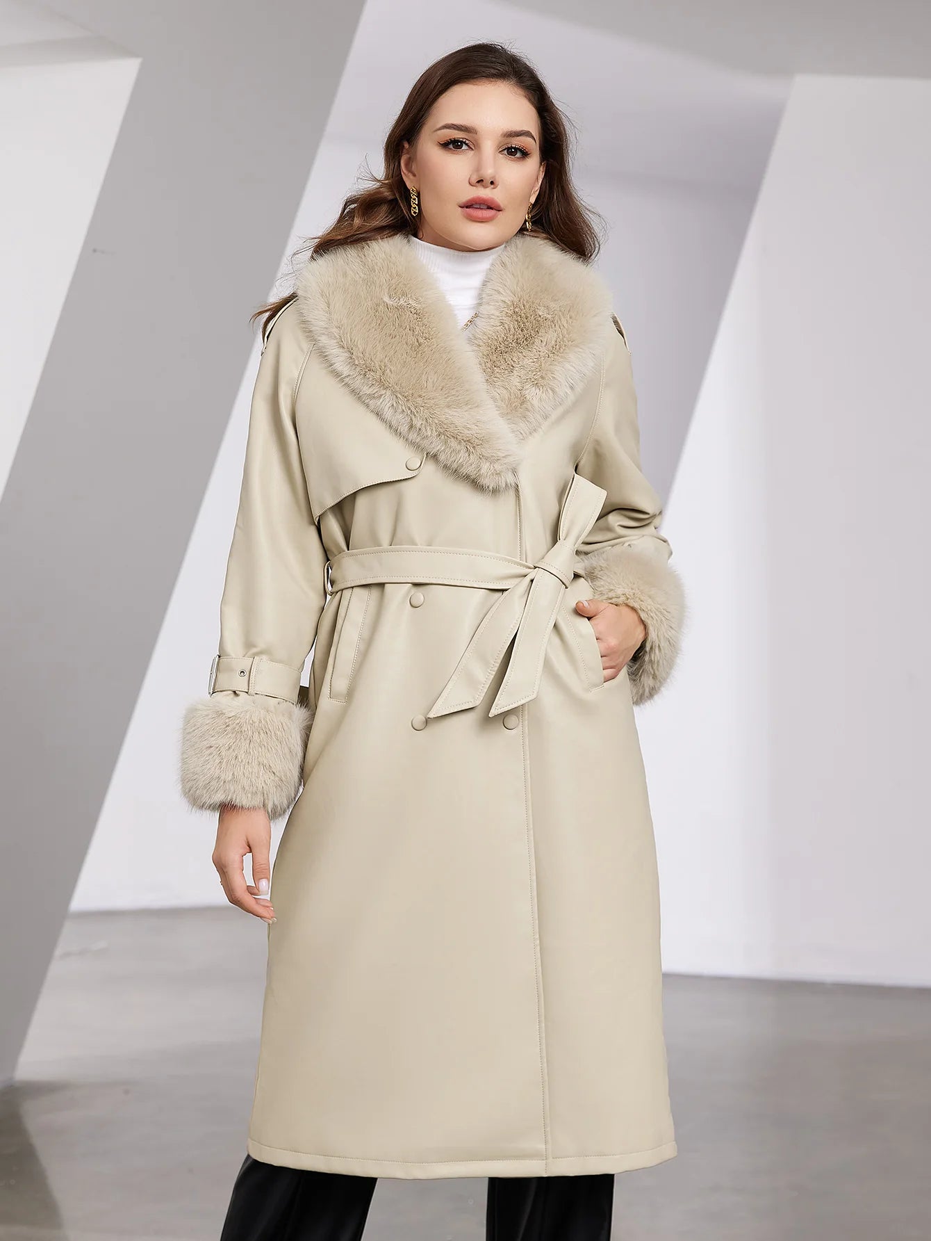 Faux Leather Trench Coat with Fur Collar – Luxurious Winter Style