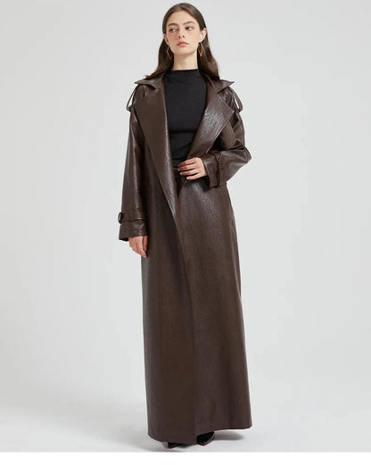 Autumn Extra-Long Brown Faux Leather Trench Coat with Belt