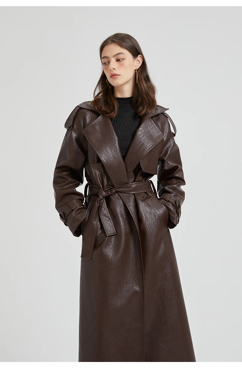 Autumn Extra-Long Brown Faux Leather Trench Coat with Belt