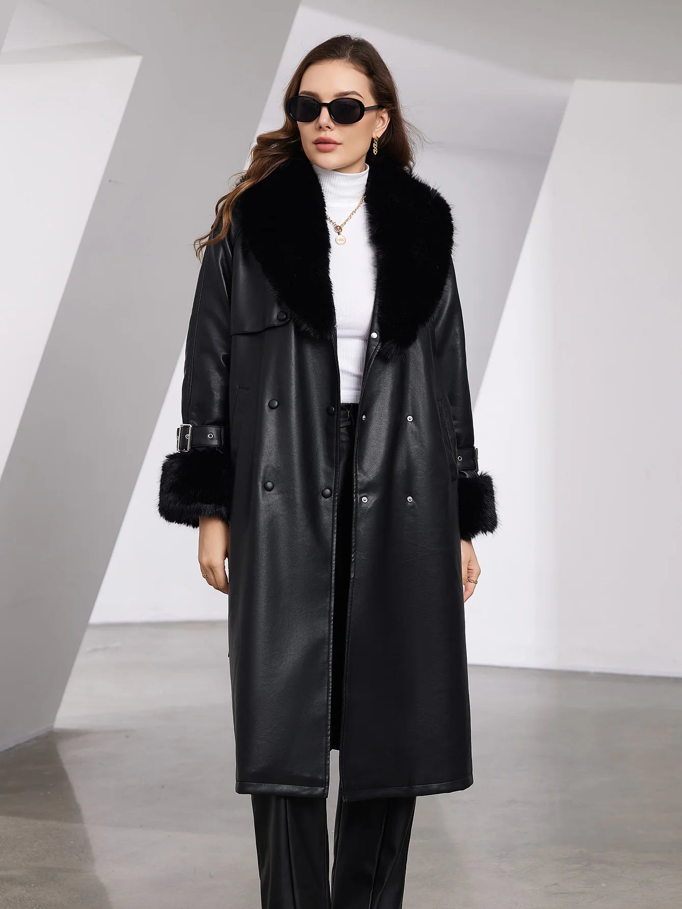 Faux Leather Trench Coat with Fur Collar – Luxurious Winter Style