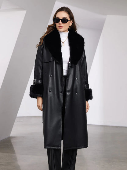 Faux Leather Trench Coat with Fur Collar – Luxurious Winter Style