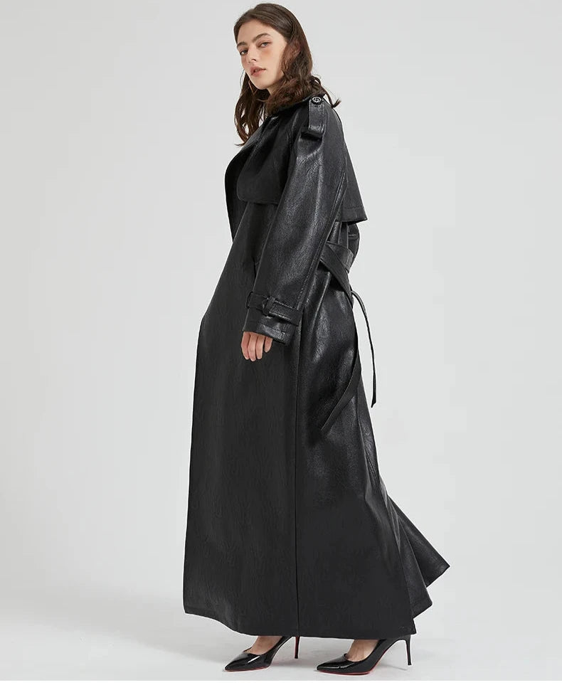 Autumn Extra-Long Brown Faux Leather Trench Coat with Belt