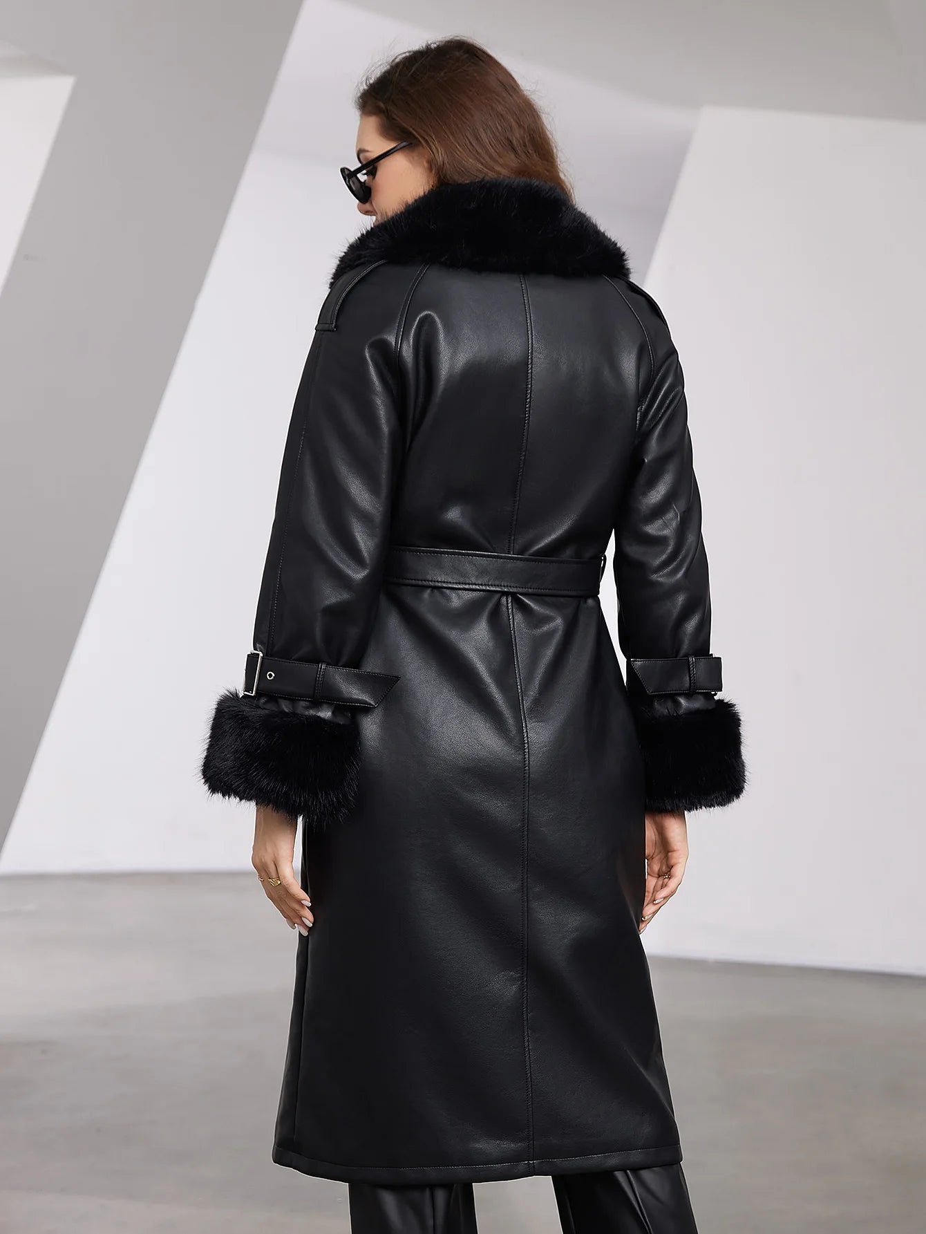 Faux Leather Trench Coat with Fur Collar – Luxurious Winter Style