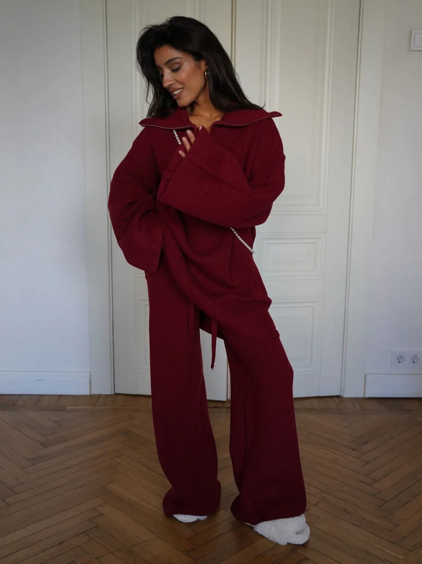 2-Piece Set with Zip Sweater and Straight-Leg Trousers