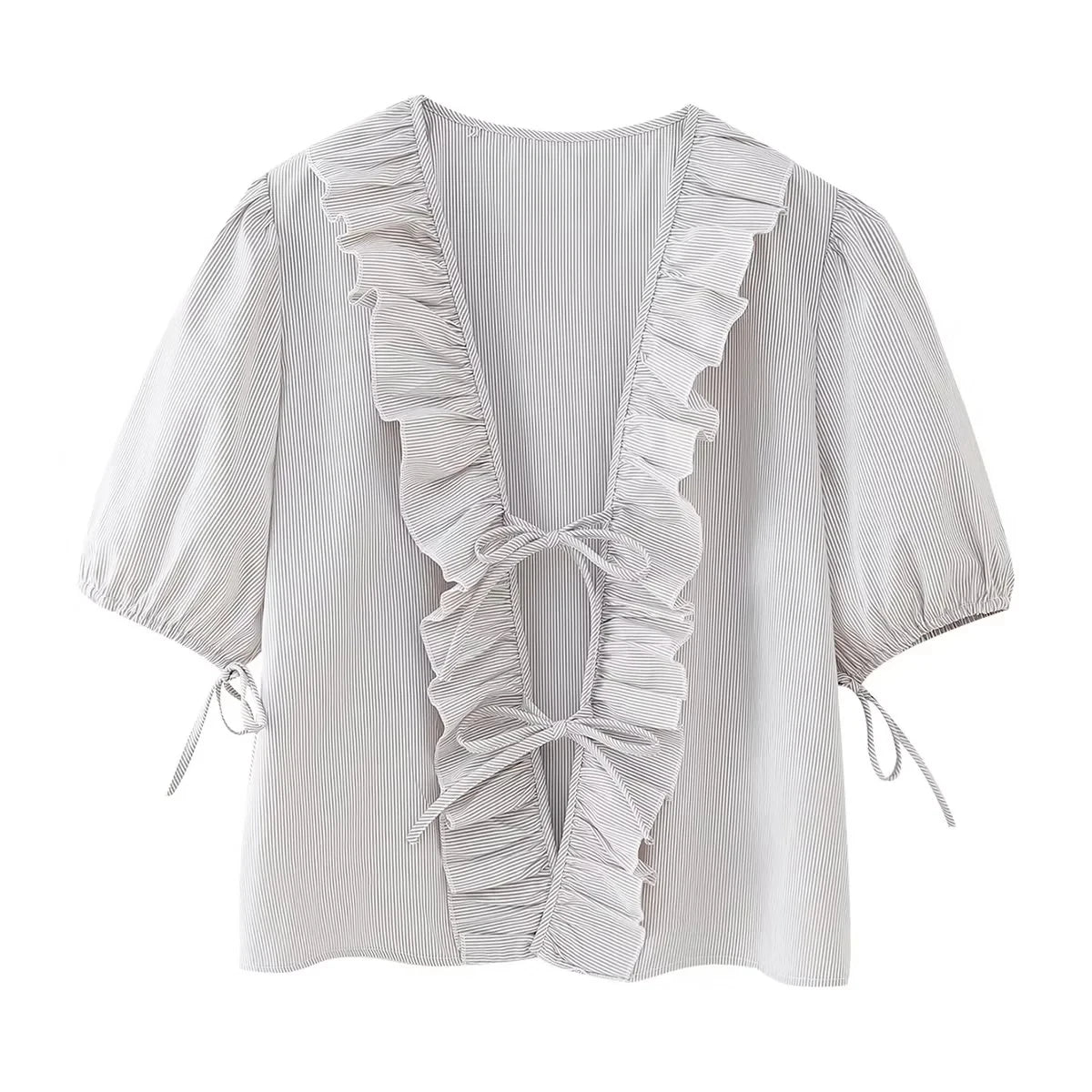 Stripe Bow Blouse: Fashion Puff Sleeve Shirt