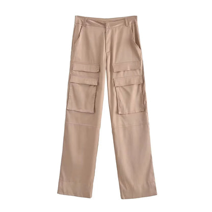 Vintage High Waist Satin Cargo Pants with Pockets for Women