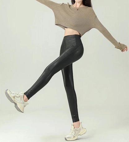 High-Waist Fleece PU Leather Leggings - Warm & Sexy Autumn/Winter