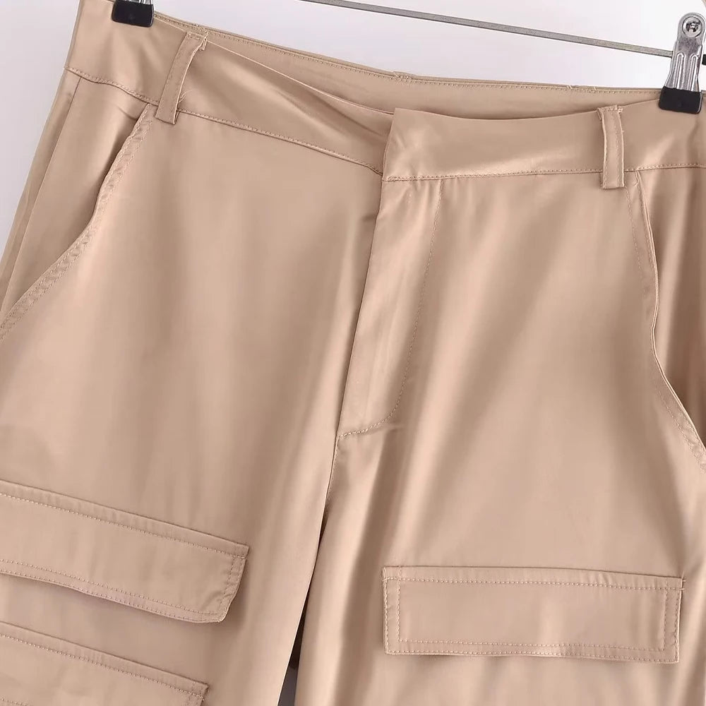 Vintage High Waist Satin Cargo Pants with Pockets for Women