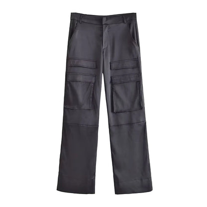 Vintage High Waist Satin Cargo Pants with Pockets for Women