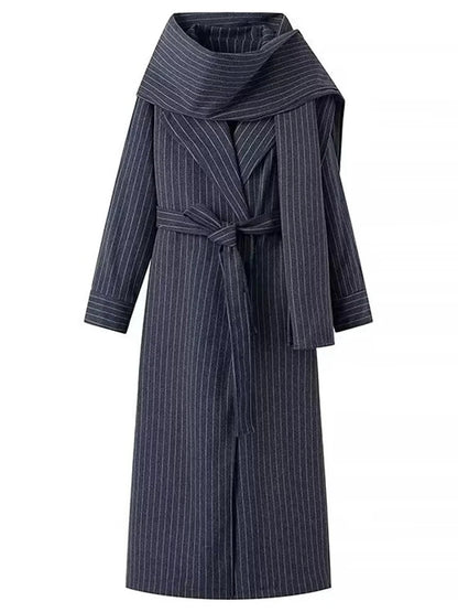 Casual Striped Blue Trench Coat with Scarf – Loose Fit, Long Sleeve Windbreaker