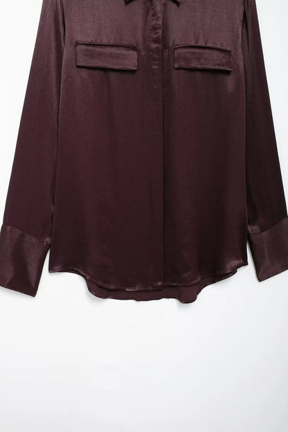 Burgundy Silk Satin Textured Shirt with Pocket Decor