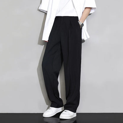 Summer Men's Casual Loose Straight Suit Pants Button Elastic Waist Solid Color Loose Breathable Korea Trousers Minimal Design