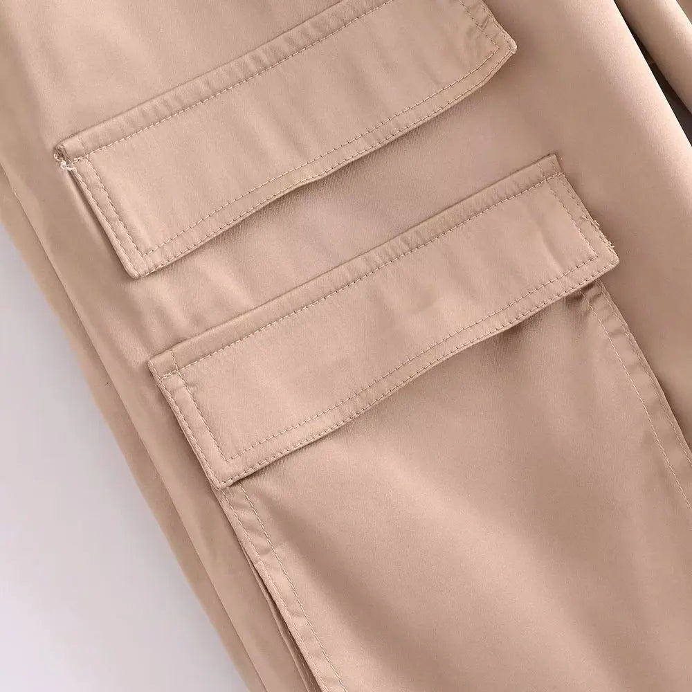 Vintage High Waist Satin Cargo Pants with Pockets for Women