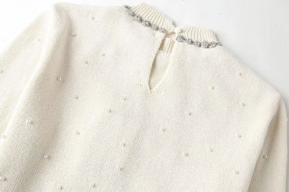 Women's Casual Solid Pearl-Decorated Slim Fit Crew Neck Sweater