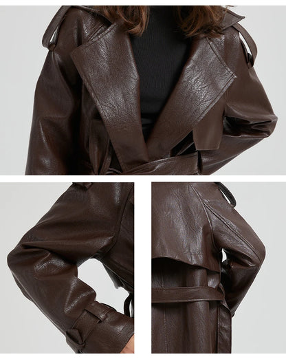 Autumn Extra-Long Brown Faux Leather Trench Coat with Belt