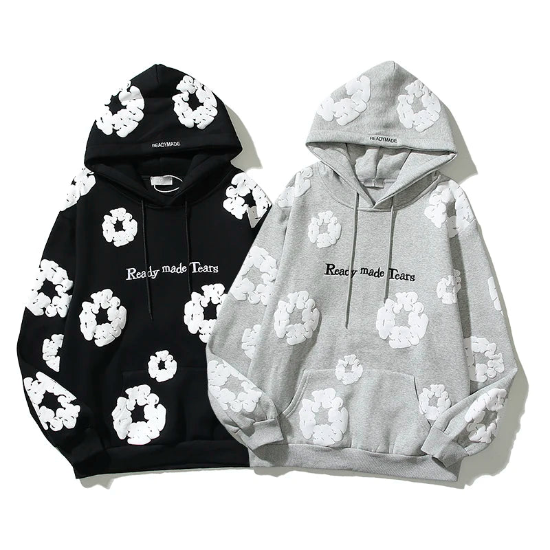 Retro Foam Kapok Print Letter Embroidery Pullover Hoodies Men's and Women's Streetwear Oversize Fleece Hooded Sweatshirts