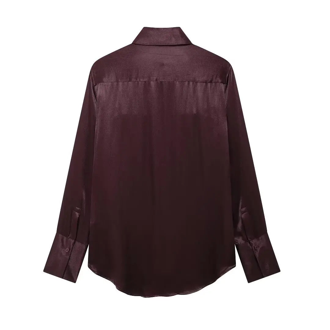 Burgundy Silk Satin Textured Shirt with Pocket Decor