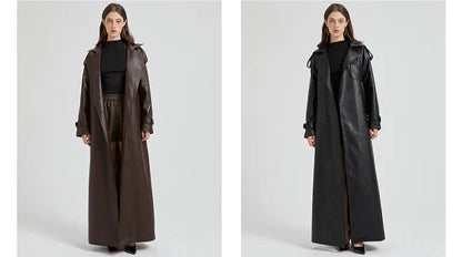 Autumn Extra-Long Brown Faux Leather Trench Coat with Belt