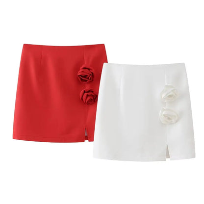 Red Flower High Waist Mini Skirt