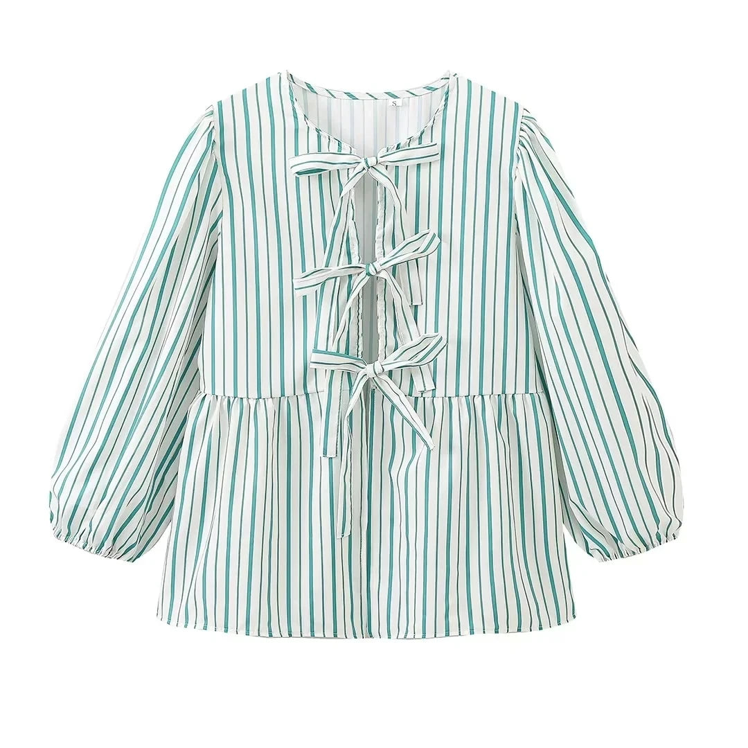 Stripe Bow Blouse: Fashion Puff Sleeve Shirt