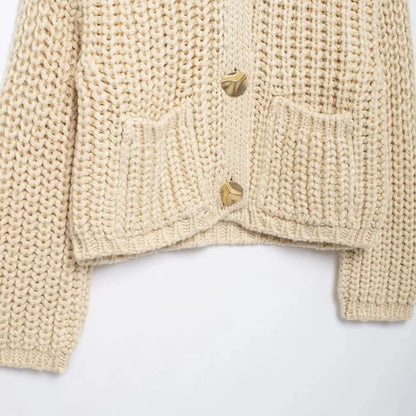 Beige Cropped Knitted Cardigan