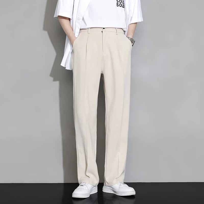 Summer Men's Casual Loose Straight Suit Pants Button Elastic Waist Solid Color Loose Breathable Korea Trousers Minimal Design