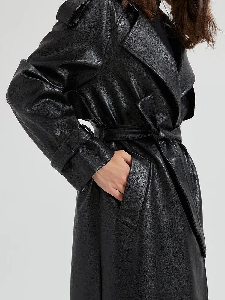 Autumn Extra-Long Brown Faux Leather Trench Coat with Belt