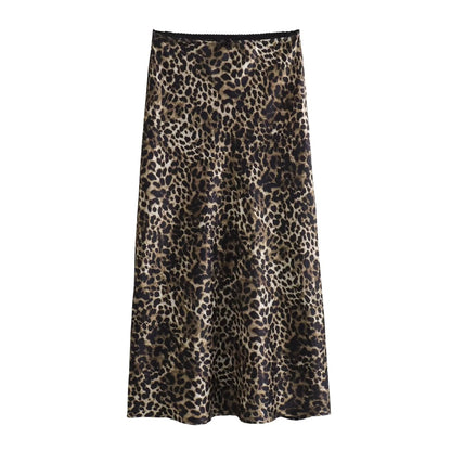 Vintage Satin Leopard Midi Skirt